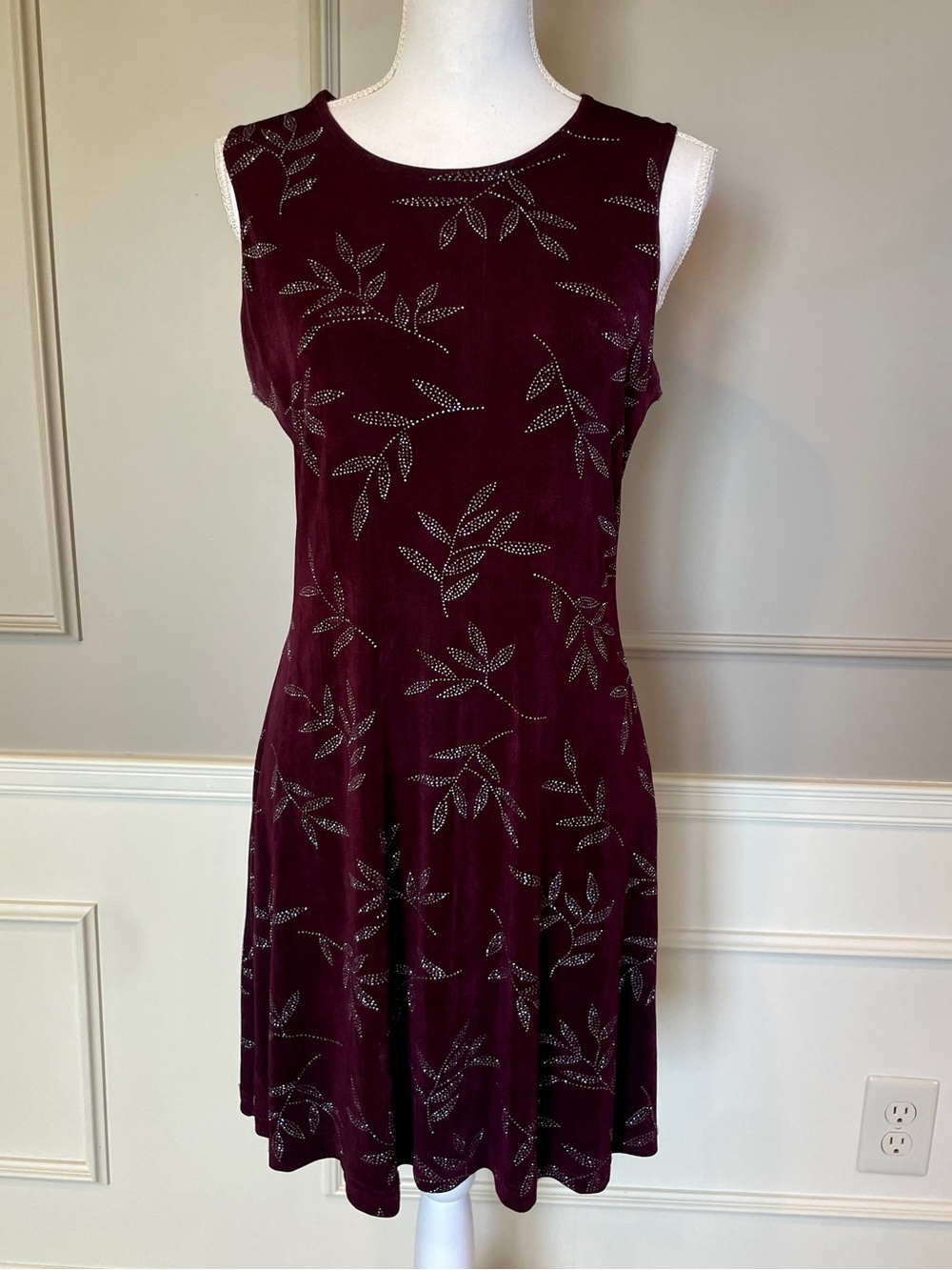 Maurices 90s Vintage Dress Skater Large Sleeveless Stretch Maroon Wine Sparkle